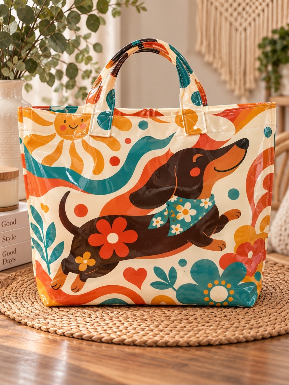 Double Sided Playful Dachshund Print Tote Bag in Cream, Orange & Teal